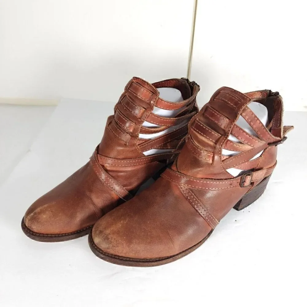 Freebird By Steven Women's Stair US 6M Distressed Cognac Leather Strappy Booties
